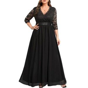 Women's Banded Waist One-Half Sleeve Wrap V-Neck Lace Top Long Chiffon Dress L